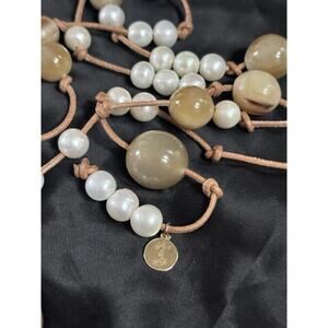 Perle By Lola Classic Lariat Necklace Cultured Pearls & Horn Beads Leather Cord